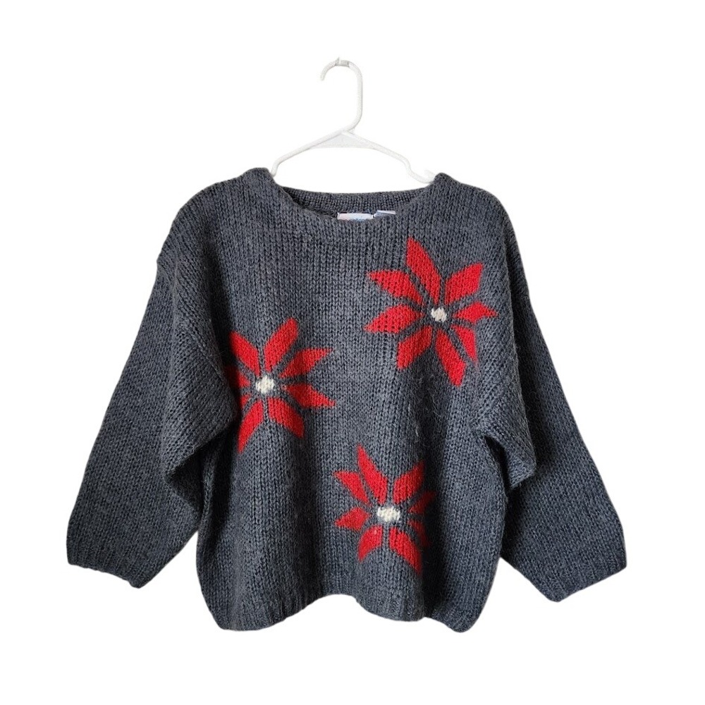 COLLEGE TOWN VINTAGE chunky knit pullover crop sweater floral intarsia grey L